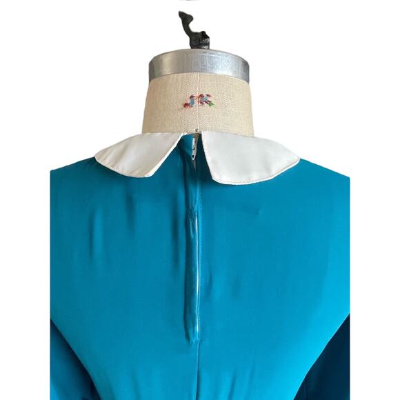 Vintage 70s 80s Turquoise Sheer Fit & Flare Knee Length Collared Dress Size 8 - Picture 5 of 7